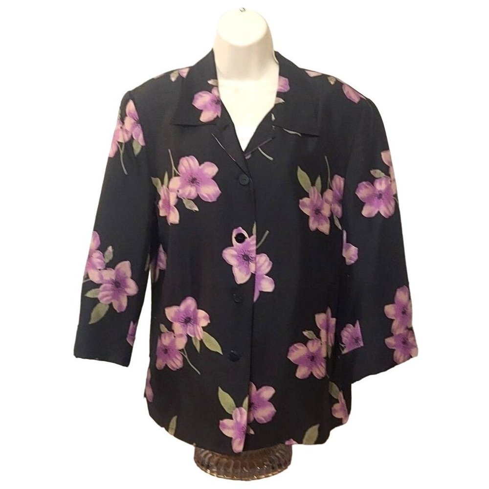 Anne Carson Floral Jacket XL Black Purple 3/4 Cuffed Sleeves Lined 100% Silk